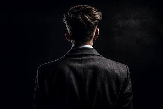 Back view of young businessman in suit looking away while walking on street photo