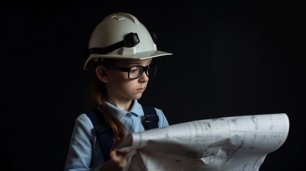 Cute engineer architect kid. Future career concept. . photo
