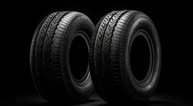 New car tires. Group of road wheels on dark background. Summer Tires with asymmetric tread design. Driving car concept. . photo