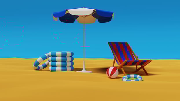 Beach umbrellas with chairs and beach accessories on a bright blue background. photo