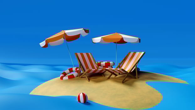 Beach umbrellas with chairs and beach accessories on a bright blue background. photo
