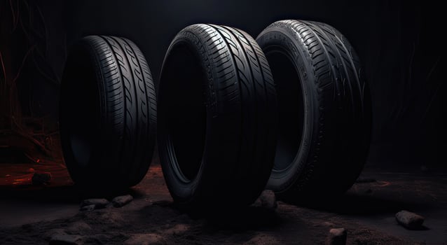 New car tires. Group of road wheels on dark background. Summer Tires with asymmetric tread design. Driving car concept. . photo