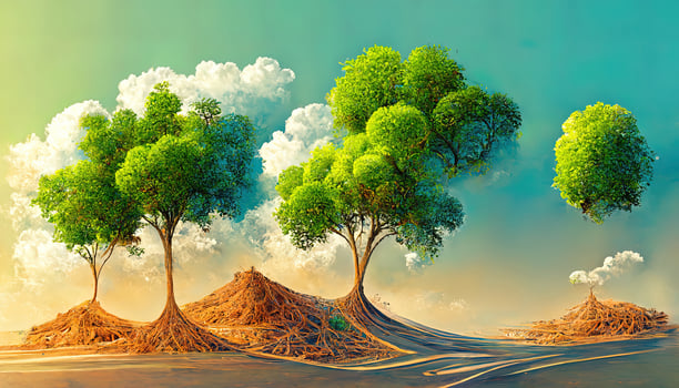 3d render of a globe of trees over a grassy landscape. photo