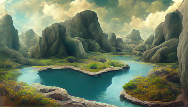 a view of a landscape with a large rock to the center and mountains in a very cloudy atmosphere. photo