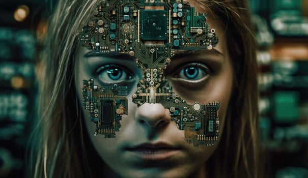 Intricate blend of cyborg female visage and high tech cyber security, AI concepts unite. photo