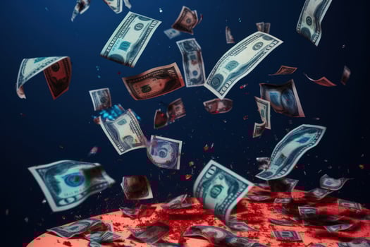 Dollar banknotes soar through the air, epitomizing financial success. photo