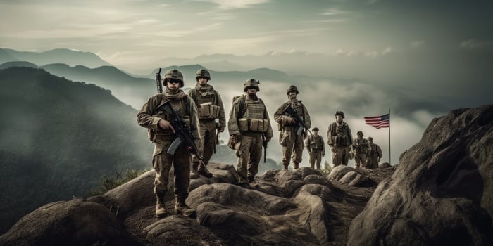 Elite US special forces soldier stands proud before a flag, honoring the fallen. photo
