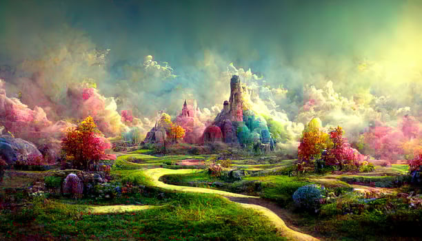 Exceptional 3d rendering of a colorful fantasy landscape, Detailed, colored. photo