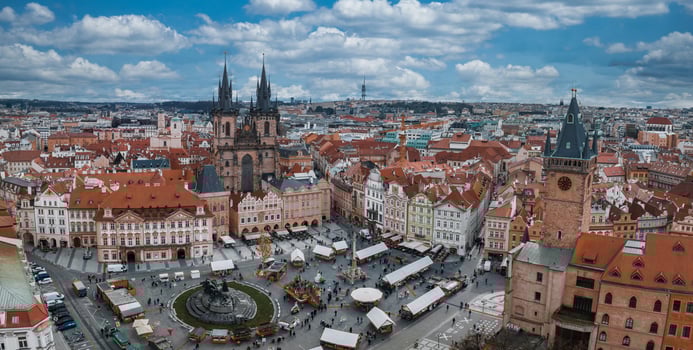 Panoramic aerial view of old Town square in Prague on a beautiful summer day, Czech Republic. photo