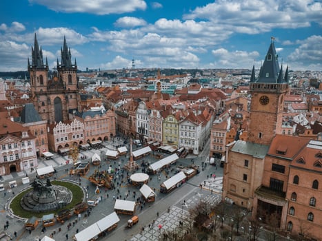 Panoramic aerial view of old Town square in Prague on a beautiful summer day, Czech Republic. photo