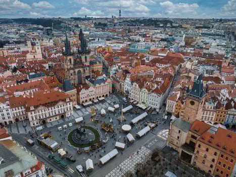 Panoramic aerial view of old Town square in Prague on a beautiful summer day, Czech Republic. photo