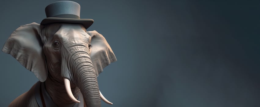 Gentleman boss elephant with a trunk and big ears wearing a hat, suit and tie. Banner header. . photo