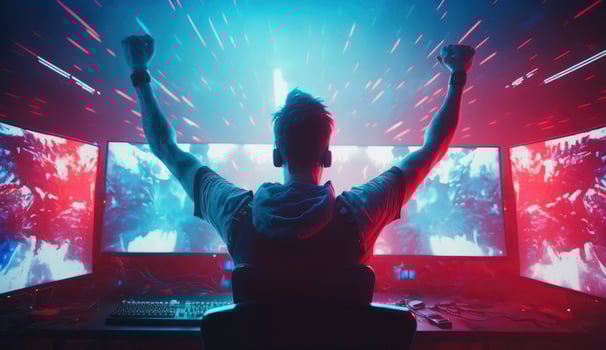 Professional eSports gamer rejoices in the victory in red blue illuminated game room. Postproducted digital illustration. photo