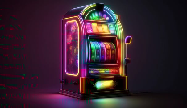 One neon shining casino slot machine at empty room. Postproducted digital illustration. photo