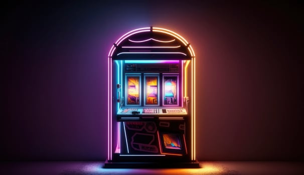 One neon shining casino slot machine at empty room. Postproducted digital illustration. photo