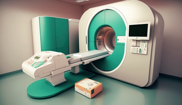 Modern and functioning medical screening technology at room with MRI equipment. Postproducted digital illustration. photo
