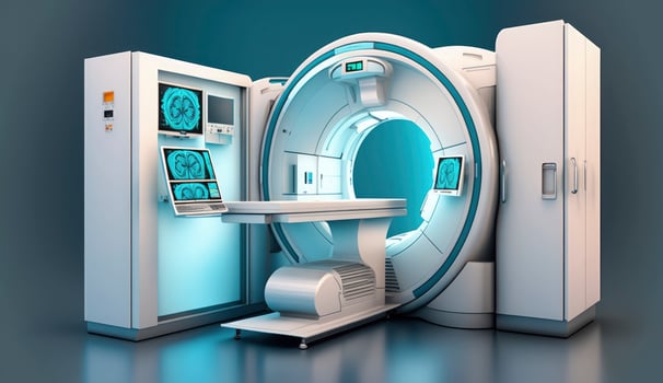 Modern and functioning medical screening technology at room with MRI equipment. Postproducted digital illustration. photo