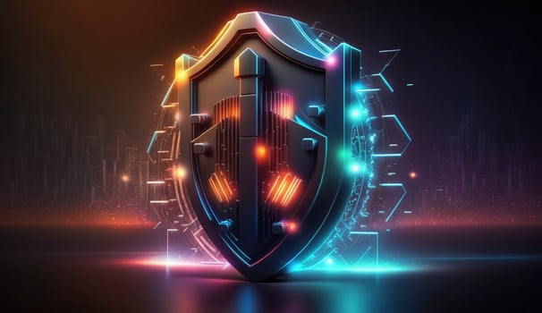 Concept of cyber security designed as lock on defensive shield. Postproducted illustration. photo