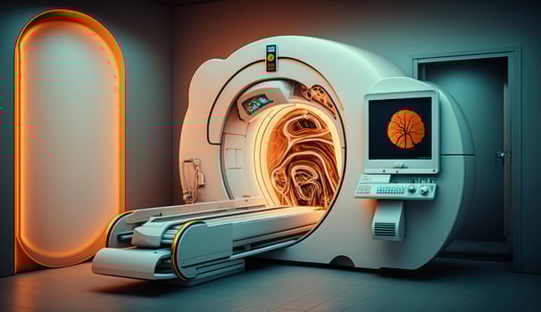 Modern and functioning medical screening technology at room with MRI equipment. Postproducted digital illustration. photo
