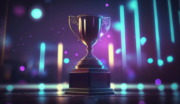 Winner trophy on a stage at studio illuminated by neon lights with blurred background. Postproducted digital illustration. photo