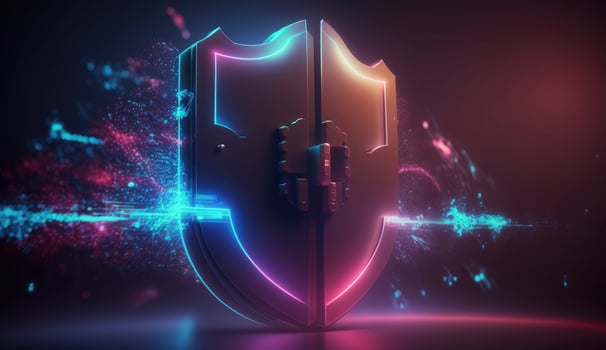 Concept of cyber security designed as lock on defensive shield. Postproducted illustration. photo