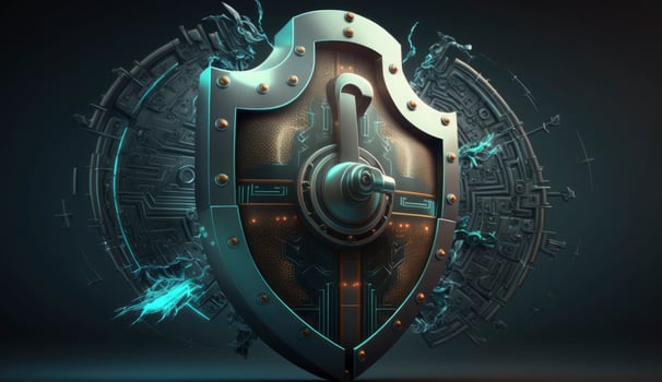 Concept of cyber security designed as lock on defensive shield. Postproducted illustration. photo
