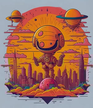 Alien character in outer space. Cute green extraterrestrial humanoid with futuristic vinyl record turntable. Electronic music festival concept. Comic style vector illustration. photo