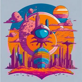 Alien character in outer space. Cute green extraterrestrial humanoid with futuristic vinyl record turntable. Electronic music festival concept. Comic style vector illustration. photo