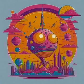 Alien character in outer space. Cute green extraterrestrial humanoid with futuristic vinyl record turntable. Electronic music festival concept. Comic style vector illustration. photo