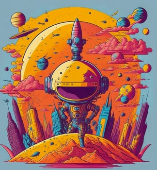 Alien character in outer space. Cute green extraterrestrial humanoid with futuristic vinyl record turntable. Electronic music festival concept. Comic style vector illustration. photo