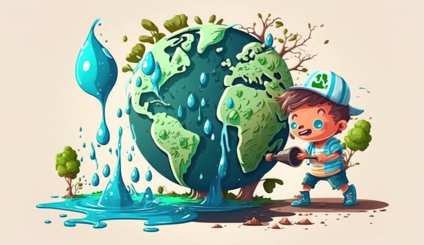 concept of ecology and world water day .Cartoon art, world earth day poster, banner, card,  APRIL 22, Saving the planet, environment,  Planet Earth, Generate Ai photo
