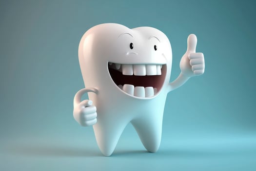 3D realistic happy white tooth , Tooth cartoon characters with thumbs up on bright background , Cleaning and whitening teeth concept photo