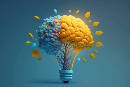 Human brain on tree with flowers concepts of yellow light on blue background photo