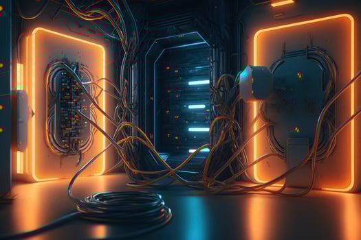 Futuristic 3d render mockup. Space theme illustration. Cyber platforms and cables with glowing neon lights, generate ai photo