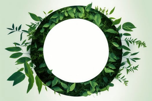 Empty white summer and spring nature background with fresh green leaves and circle frame, generate ai photo