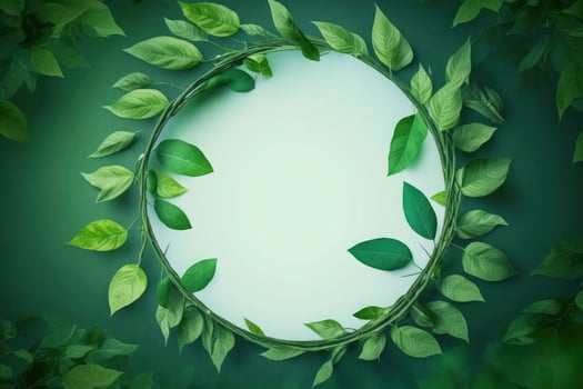 Empty white summer and spring nature background with fresh green leaves and circle frame, generate ai photo
