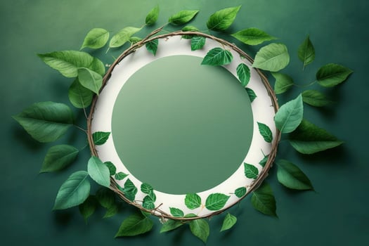 Empty white summer and spring nature background with fresh green leaves and circle frame, generate ai photo