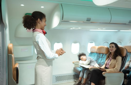 Flight attendants show how to use safety devices and recommend emergency exits. photo
