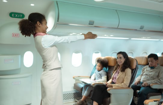 Flight attendants show how to use safety devices and recommend emergency exits. photo