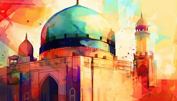 water color painting Arabic Islamic Typography design Mawlid al-Nabawai al-Sharif greeting card with dome and minaret of the Prophet's Mosque. photo