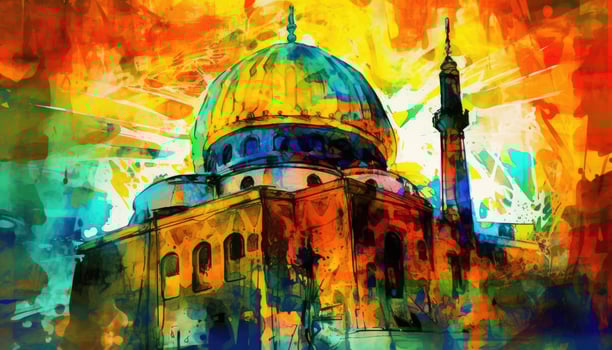 water color painting Arabic Islamic Typography design Mawlid al-Nabawai al-Sharif greeting card with dome and minaret of the Prophet's Mosque. photo