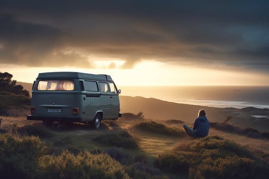 Van on the wild sandy seashore, auto travel. photo
