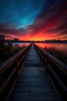 Wooden plank walkway leading to a beautiful sunset on the lake. . photo