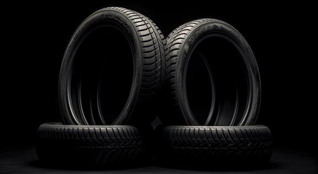 New car tires. Group of road wheels on dark background. Summer Tires with asymmetric tread design. Driving car concept. . photo
