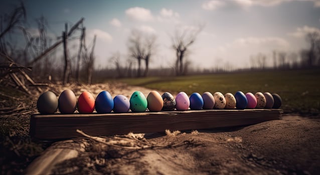 row of colorful easter eggs on wooden table and bokeh background, place for typography and logo. Rustic wooden table. Easter theme. . photo