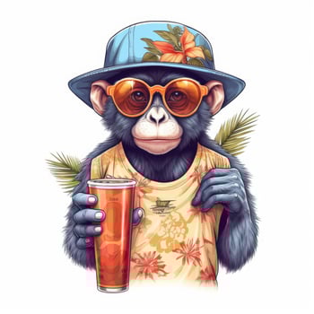 Illustration of Monkey in sunglasses and cap drinks juice in Summer Season. . photo