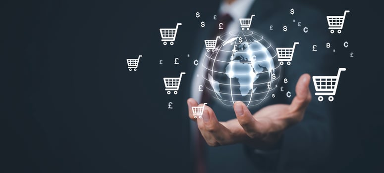 Businessman hand hold virtual world online shopping concept, marketplace website with virtual interface of online Shopping cart part the network, Online shopping business with selecting shopping cart. photo