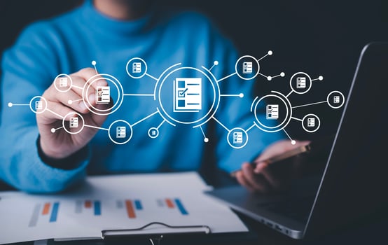 Business people working on laptop with virtual screen. Online documentation database, IT consultant being set up Virtual Document Management System with laptop,Software for archiving corporate files. photo