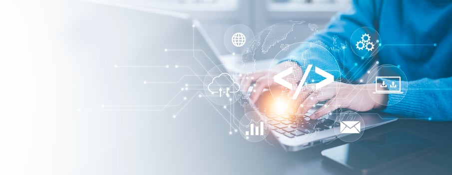 Businessman hand touch with Code html and programming on screen laptop,Programmer development Computer code,web design  coding technology in software, digital software technology development, IoT photo