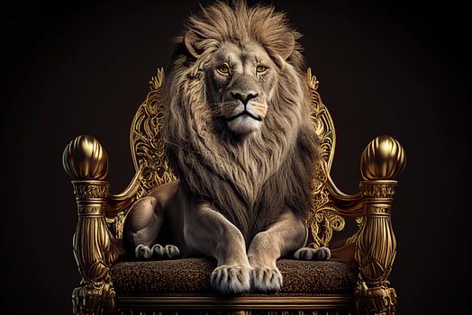 Golden shining king of beasts lion on a royal golden throne. photo